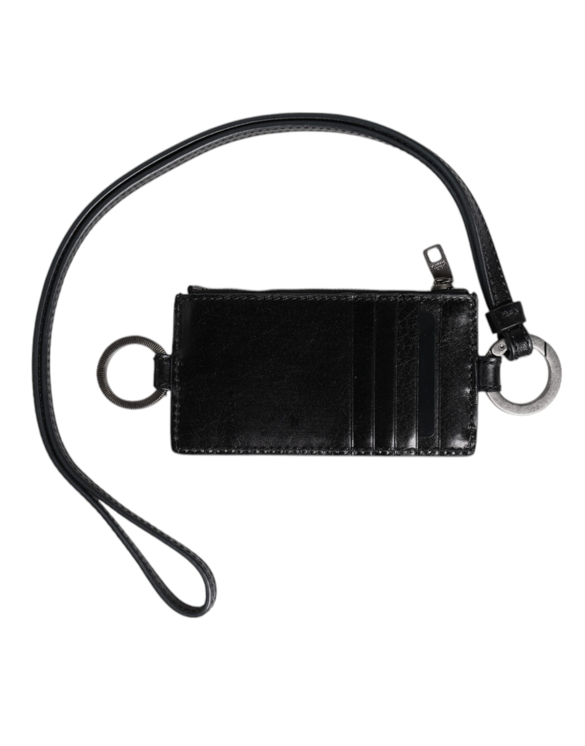 Dolce & Gabbana Schwarzes Leder mit Logo-Prägung Lanyard Kartenhalter Brieftasche