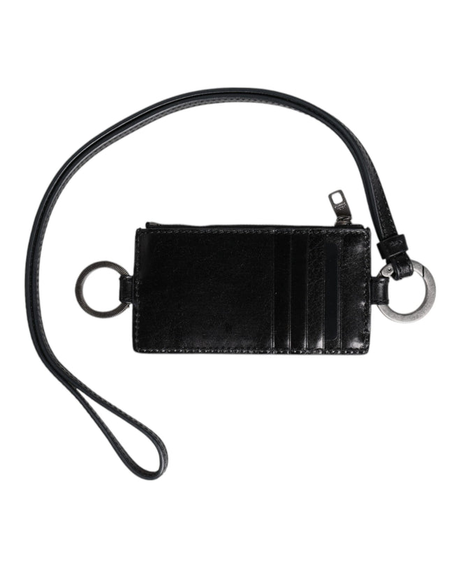 Dolce & Gabbana Schwarzes Leder mit Logo-Prägung Lanyard Kartenhalter Brieftasche