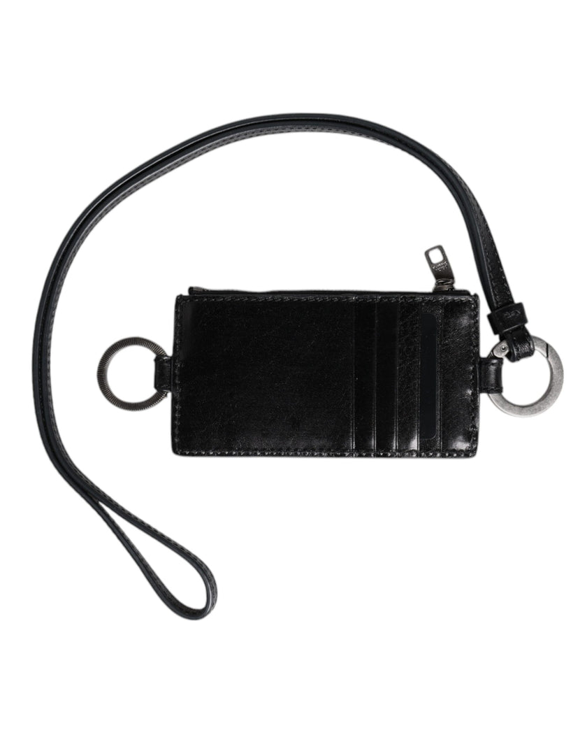 Dolce & Gabbana Schwarzes Leder mit Logo-Prägung Lanyard Kartenhalter Brieftasche