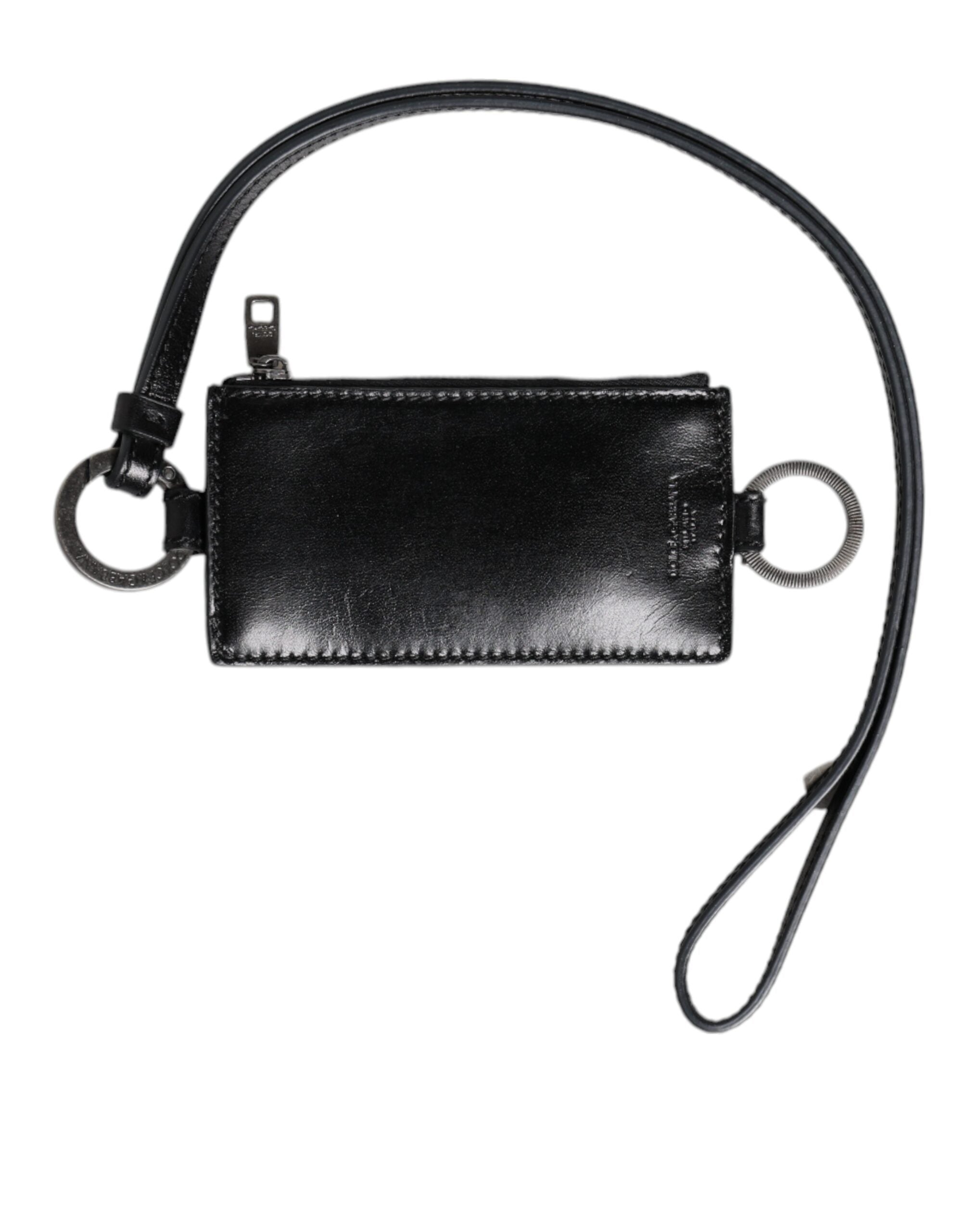 Dolce & Gabbana Schwarzes Leder mit Logo-Prägung Lanyard Kartenhalter Brieftasche