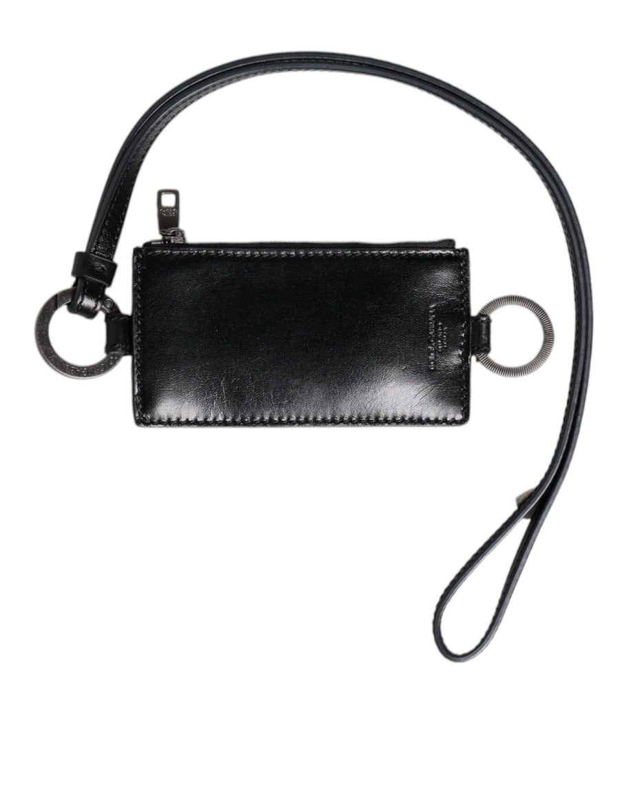 Dolce & Gabbana Schwarzes Leder mit Logo-Prägung Lanyard Kartenhalter Brieftasche