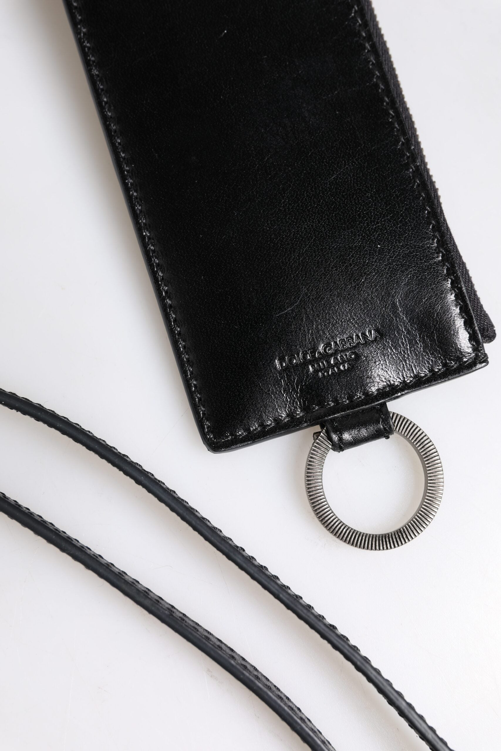 Dolce & Gabbana Schwarzes Leder mit Logo-Prägung Lanyard Kartenhalter Brieftasche