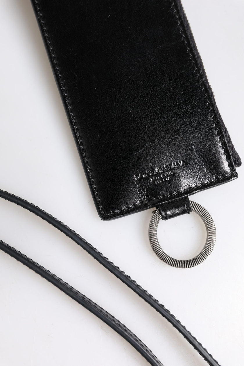 Dolce & Gabbana Schwarzes Leder mit Logo-Prägung Lanyard Kartenhalter Brieftasche