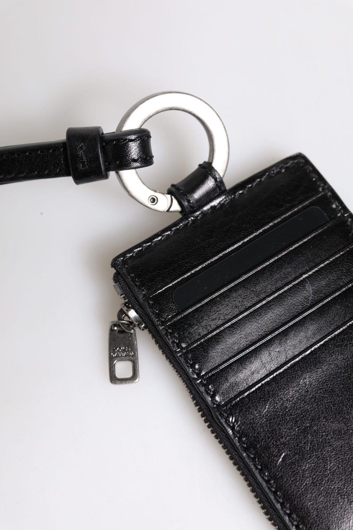 Dolce & Gabbana Black Leather Logo-Embossed Lanyard Card Holder Wallet