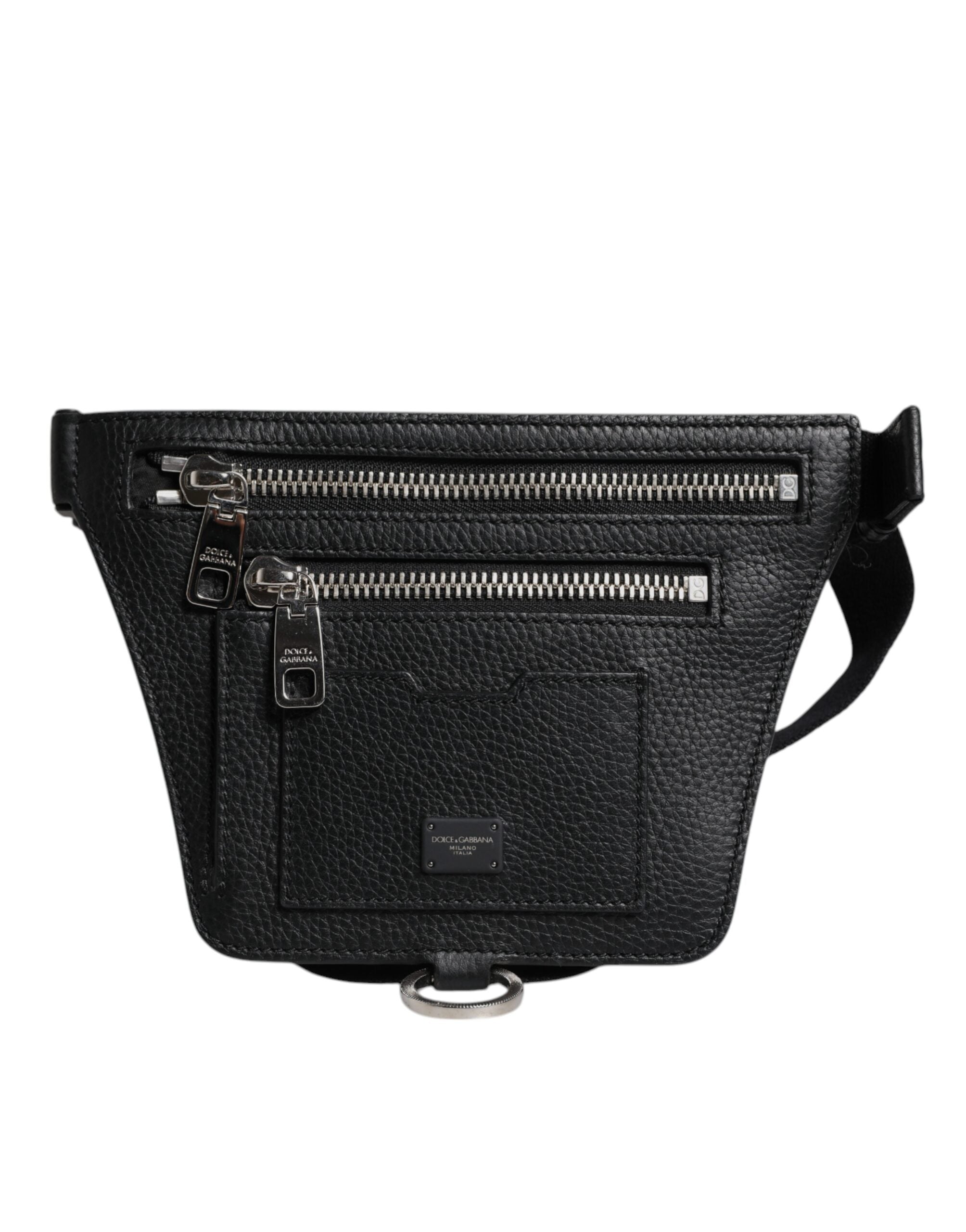 Dolce & Gabbana Schwarzes Kalbsleder Logo Plaque Gürtel Taille Herren Bauchtasche