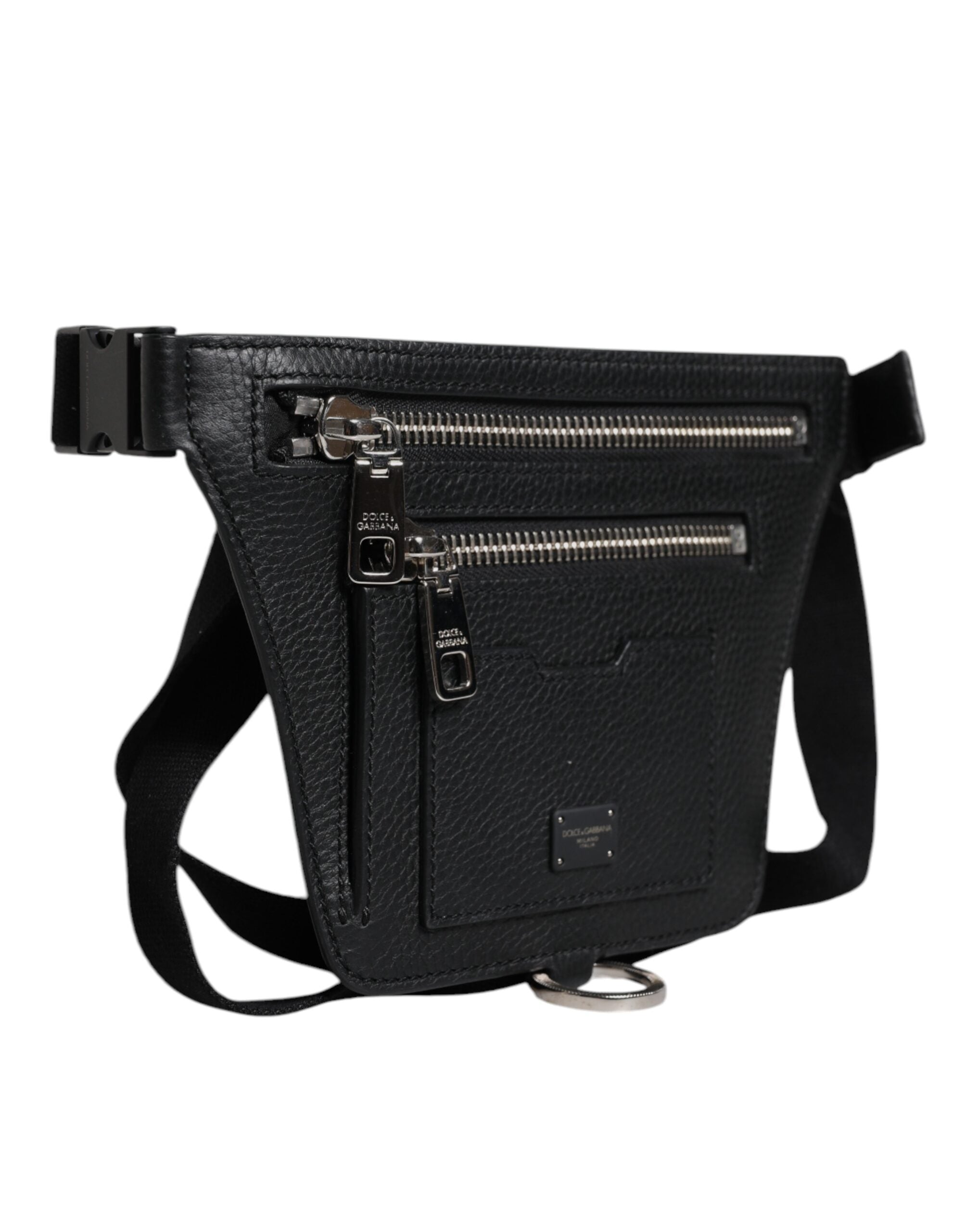 Dolce & Gabbana Schwarzes Kalbsleder Logo Plaque Gürtel Taille Herren Bauchtasche