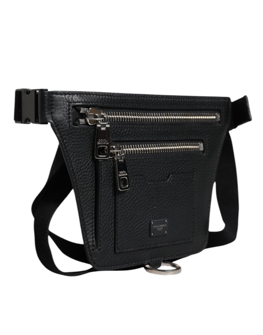 Dolce & Gabbana Schwarzes Kalbsleder Logo Plaque Gürtel Taille Herren Bauchtasche