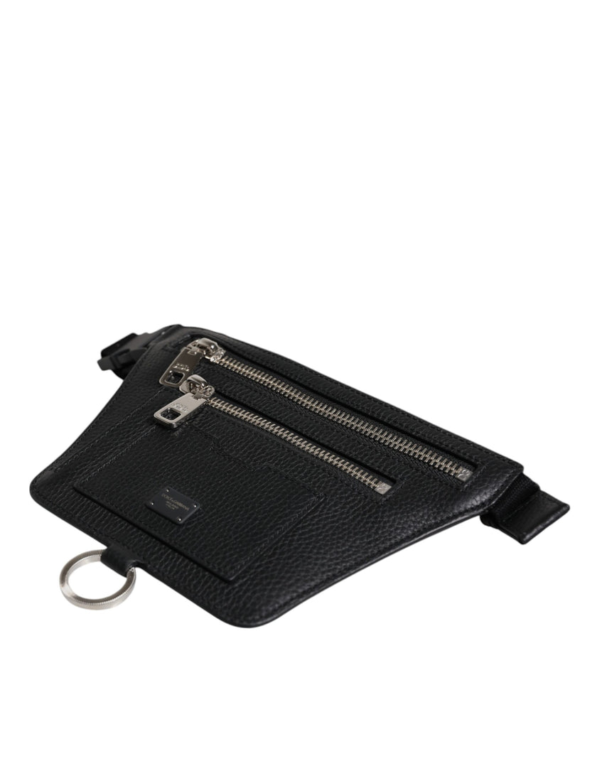 Dolce & Gabbana Schwarzes Kalbsleder Logo Plaque Gürtel Taille Herren Bauchtasche