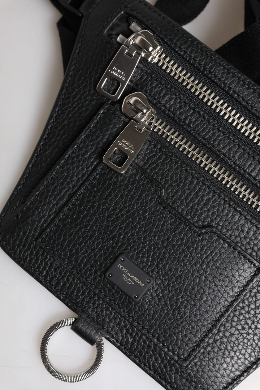 Dolce & Gabbana Schwarzes Kalbsleder Logo Plaque Gürtel Taille Herren Bauchtasche