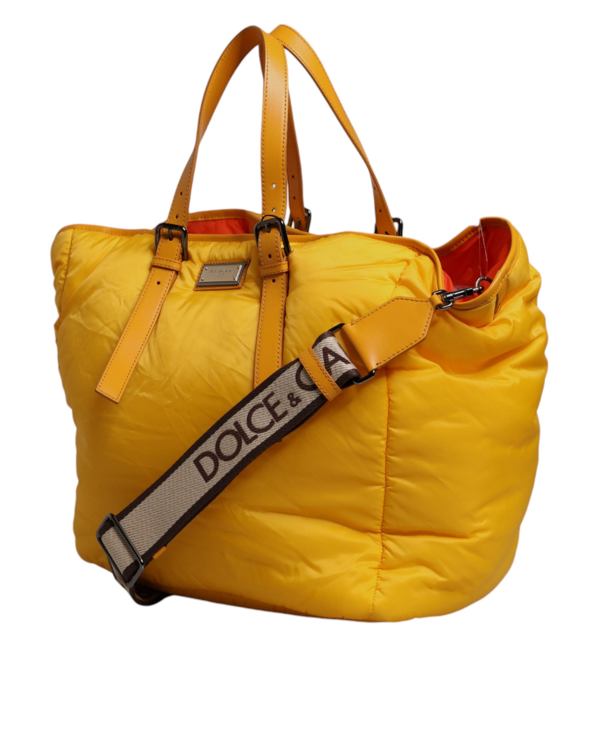 Dolce & Gabbana Gelbe Orange Nylon Logo Plakette Hand Schulter Duffle Tasche