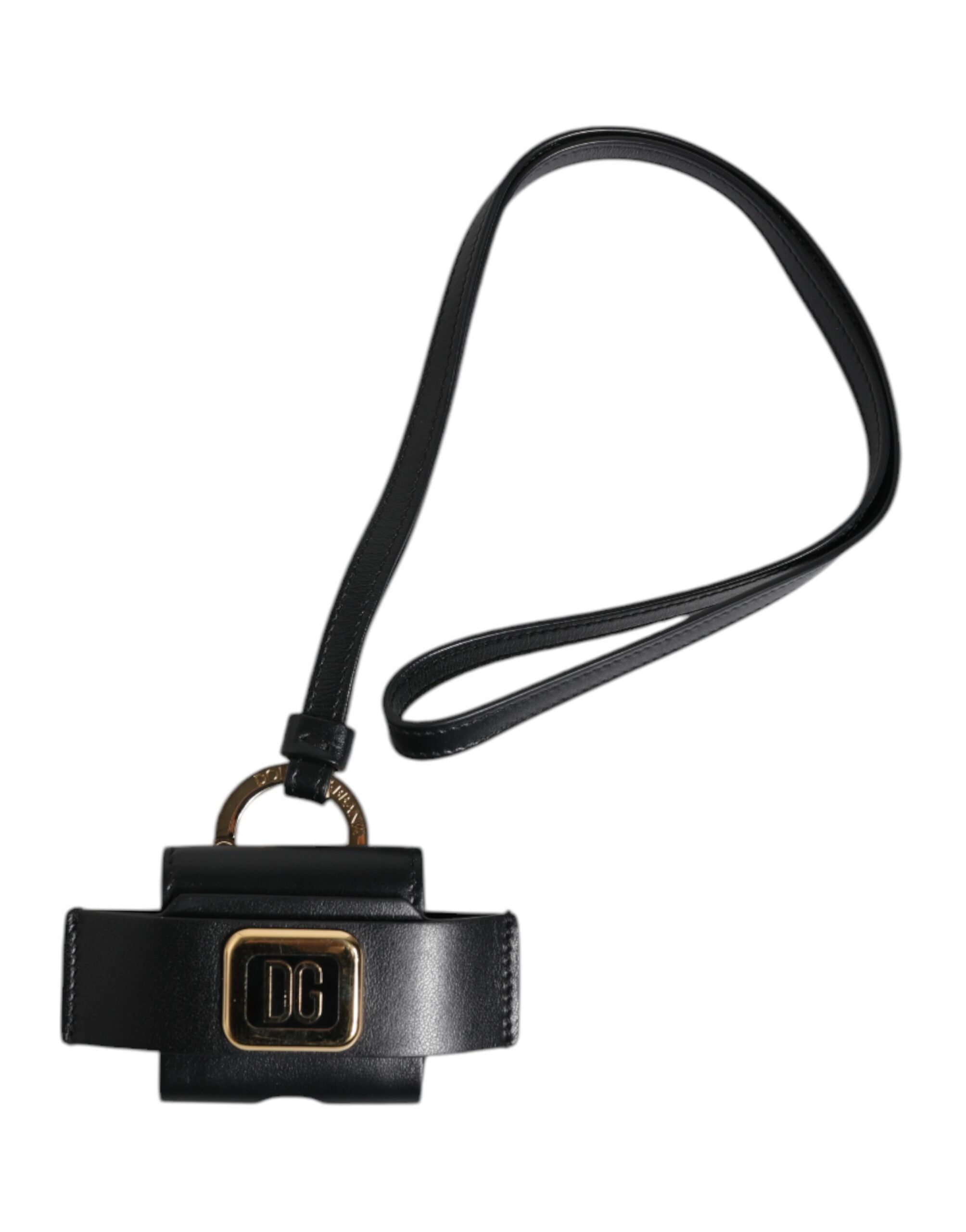 Dolce & Gabbana Schwarzer Lederriemen Gold Metall Logo Plakette Airpods Case