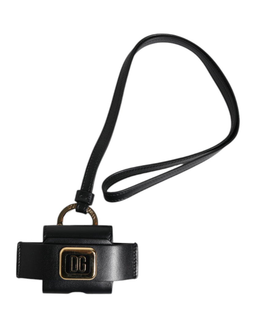 Dolce & Gabbana Schwarzer Lederriemen Gold Metall Logo Plakette Airpods Case