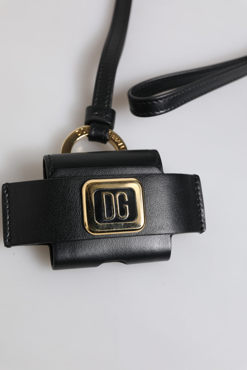 Dolce & Gabbana Schwarzer Lederriemen Gold Metall Logo Plakette Airpods Case