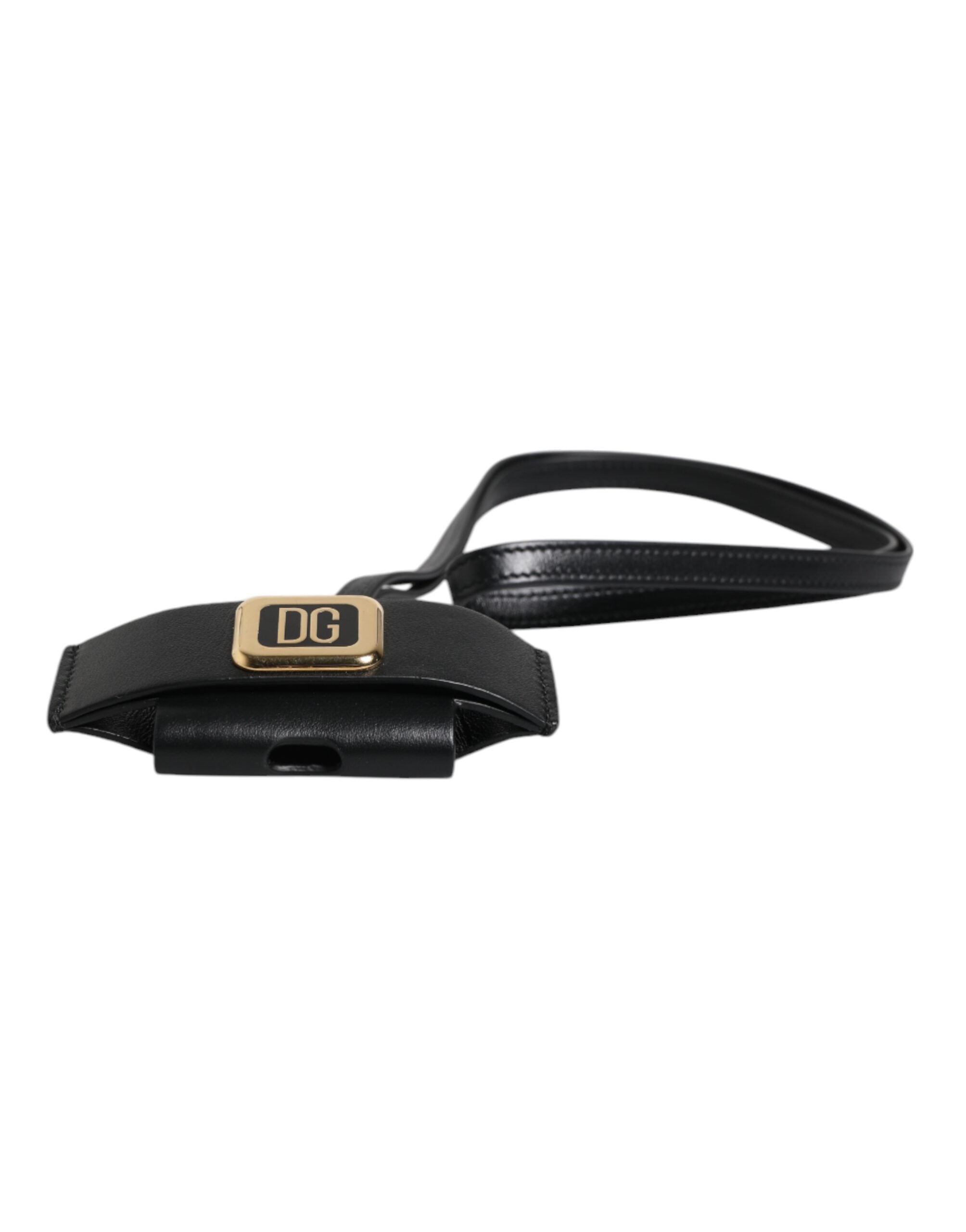 Dolce & Gabbana Schwarzer Lederriemen Gold Metall Logo Plakette Airpods Case