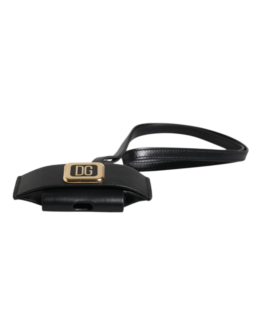 Dolce & Gabbana Schwarzer Lederriemen Gold Metall Logo Plakette Airpods Case