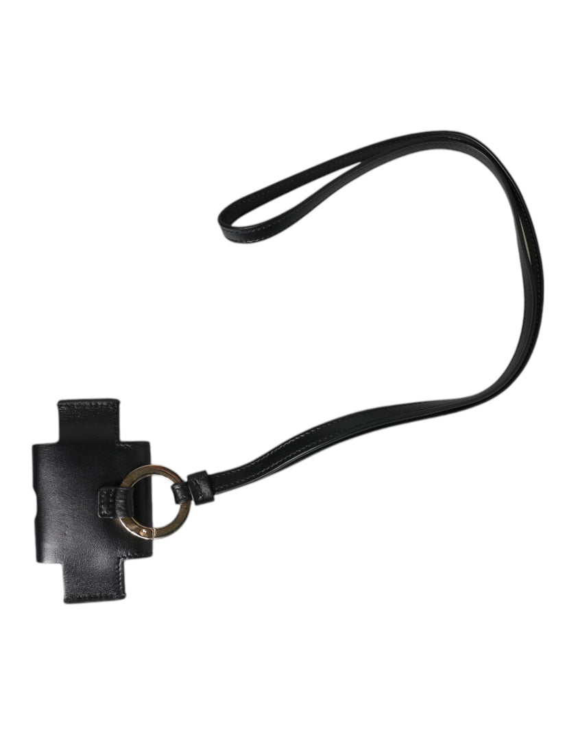 Dolce & Gabbana Schwarzer Lederriemen Gold Metall Logo Plakette Airpods Case