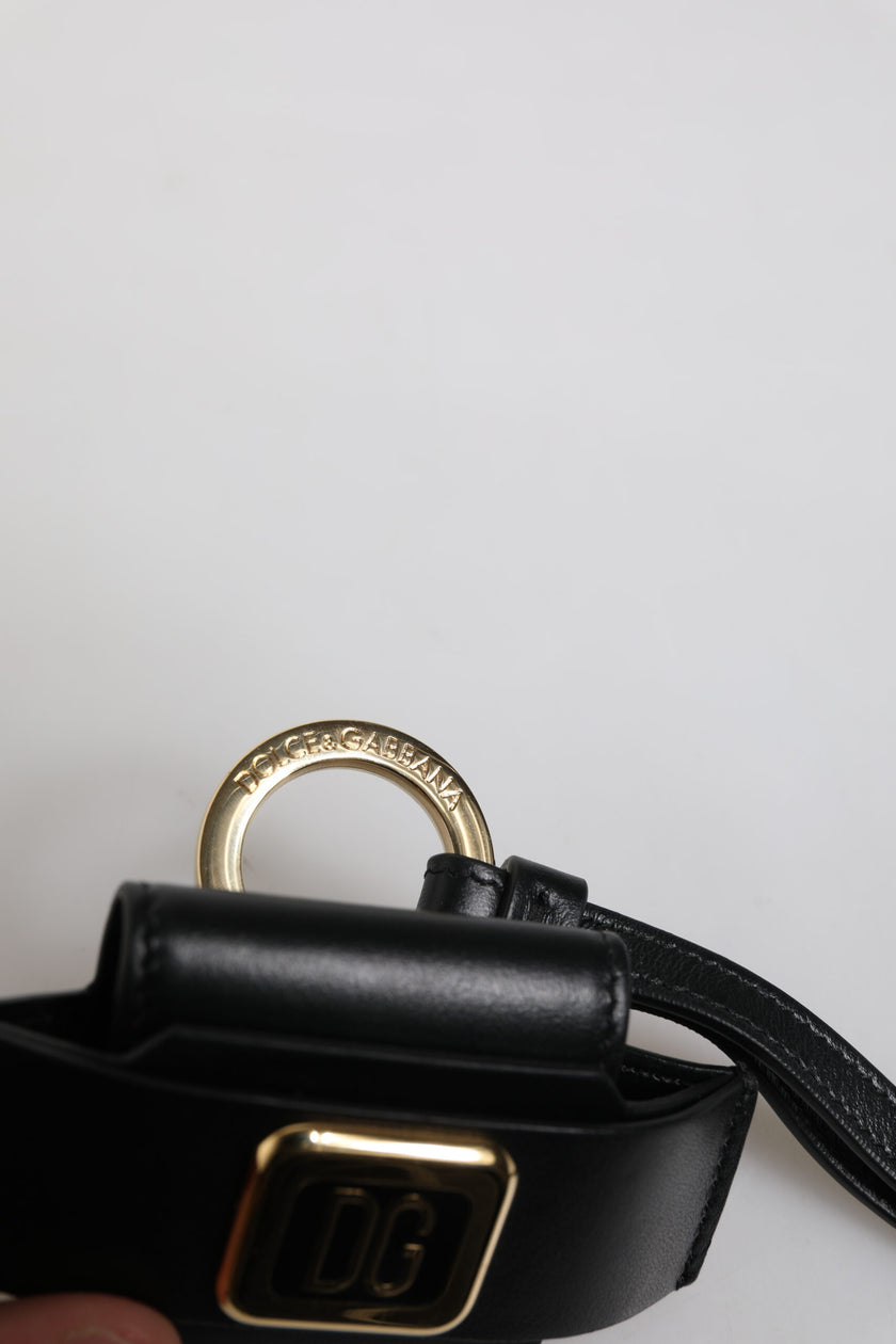 Dolce & Gabbana Schwarzer Lederriemen Gold Metall Logo Plakette Airpods Case