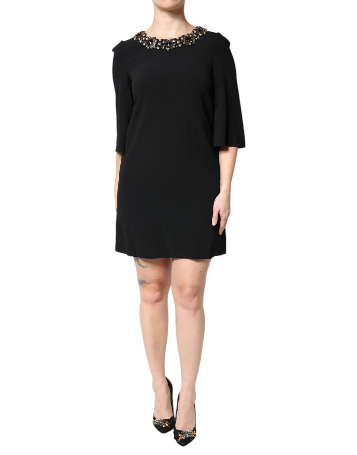 Dolce & Gabbana Schwarzes kristallverziertes Rundhals-Minikleid