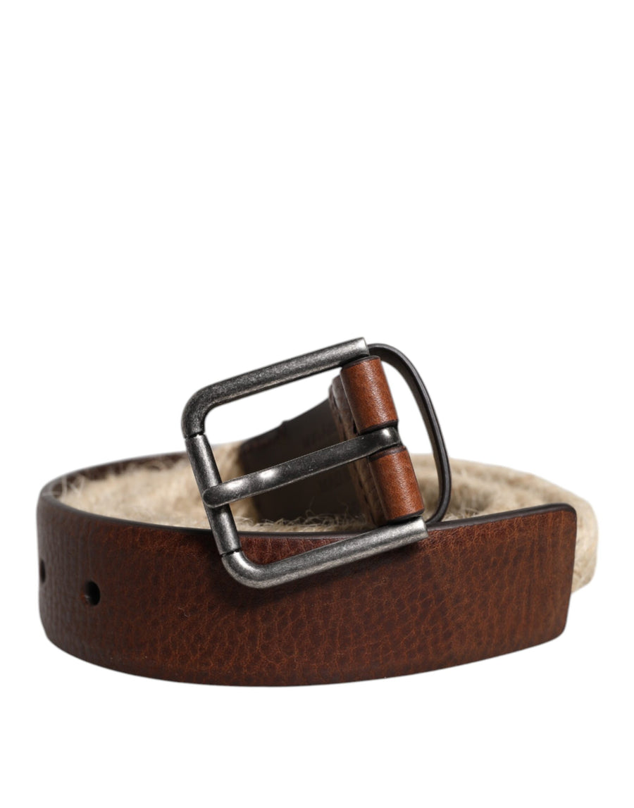 Dolce & Gabbana Brown Jute Leather Belt with Woven Metal Buckle