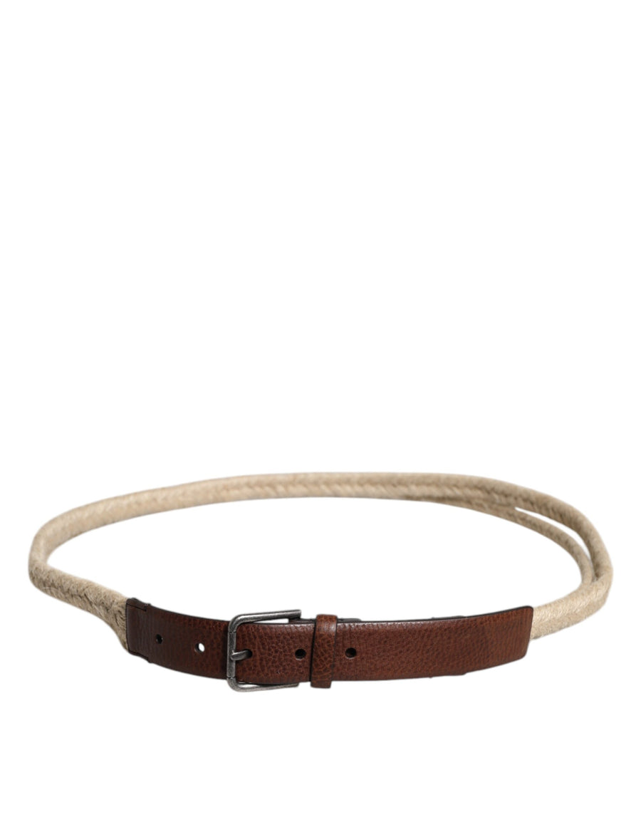Dolce & Gabbana Brown Jute Leather Belt with Woven Metal Buckle