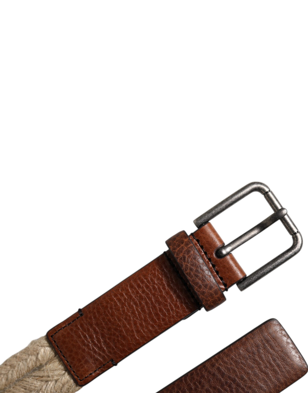 Dolce & Gabbana Brown Jute Leather Belt with Woven Metal Buckle