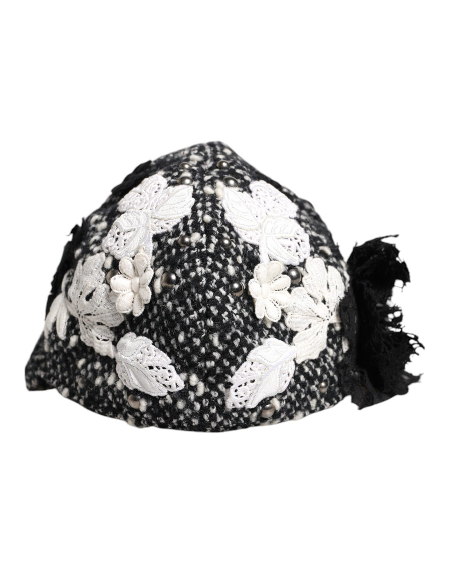 Dolce & Gabbana Black Wool Cloche Hat with White Floral Embellishment