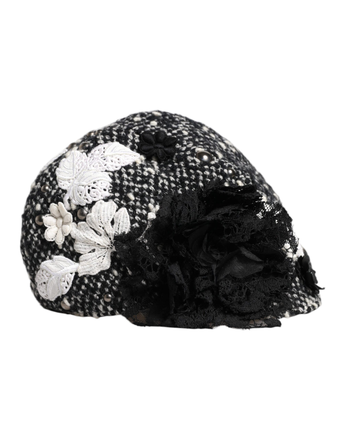 Dolce & Gabbana Black Wool Cloche Hat with White Floral Embellishment