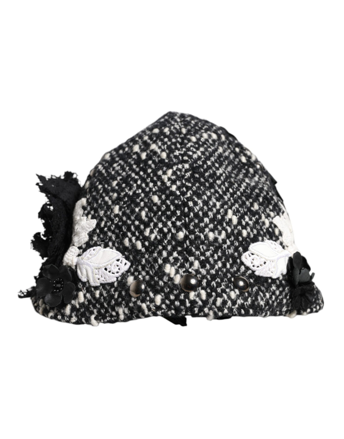 Dolce & Gabbana Black Wool Cloche Hat with White Floral Embellishment