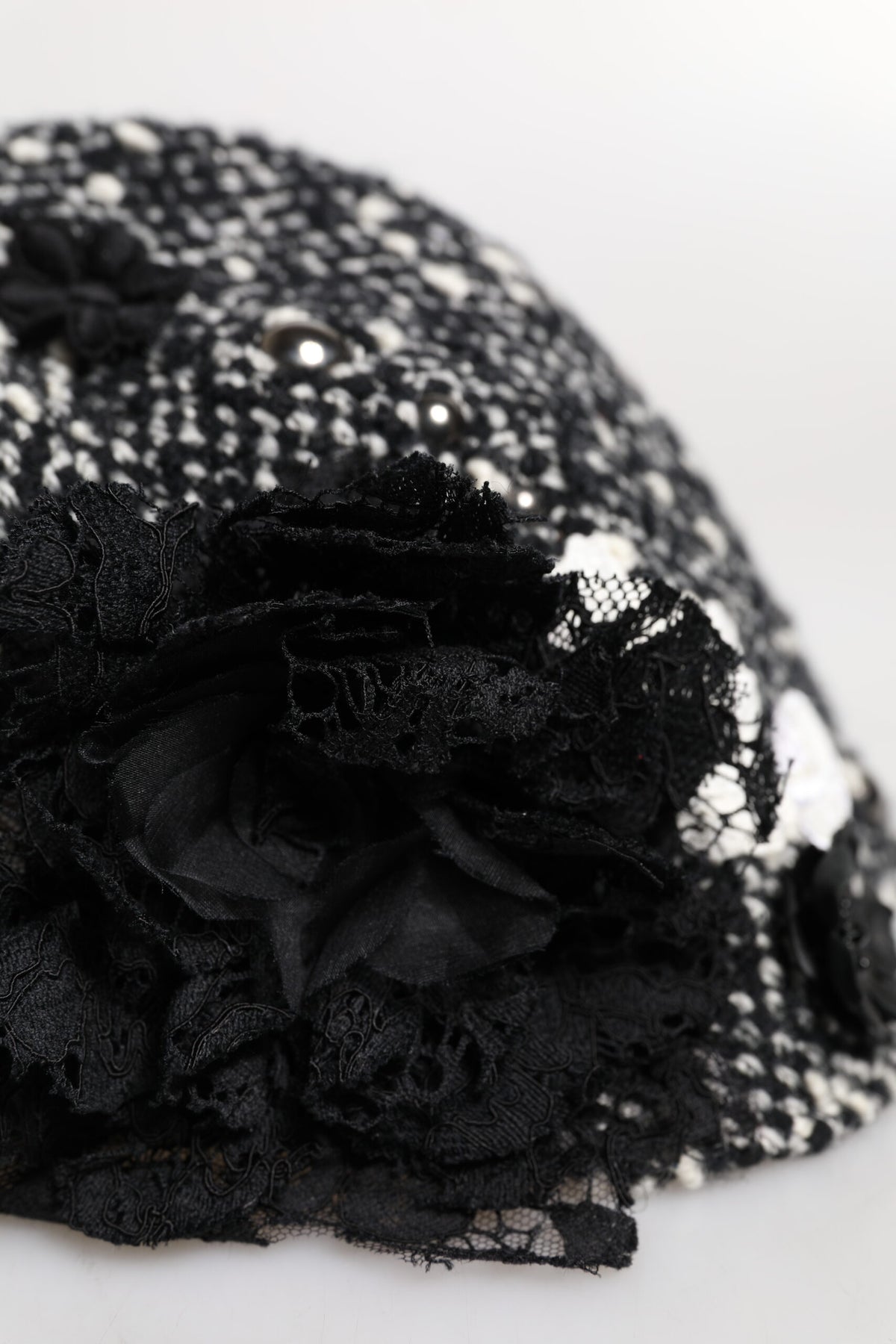 Dolce & Gabbana Black Wool Cloche Hat with White Floral Embellishment