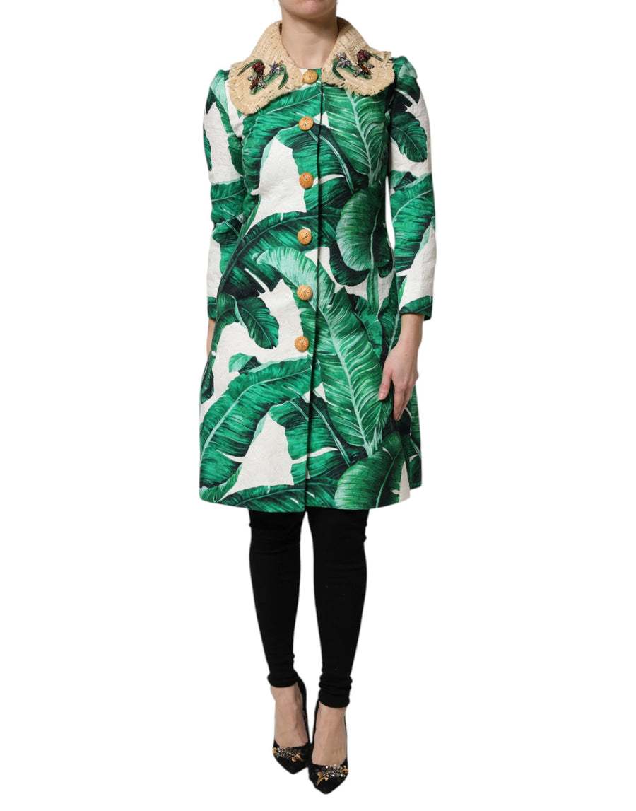 Dolce & Gabbana Multicolor Trench Coat Jacket with Leaf Print and Embellishments