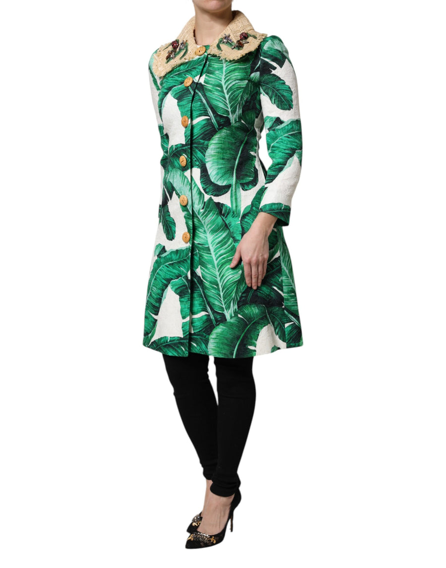 Dolce & Gabbana Multicolor Trench Coat Jacket with Leaf Print and Embellishments