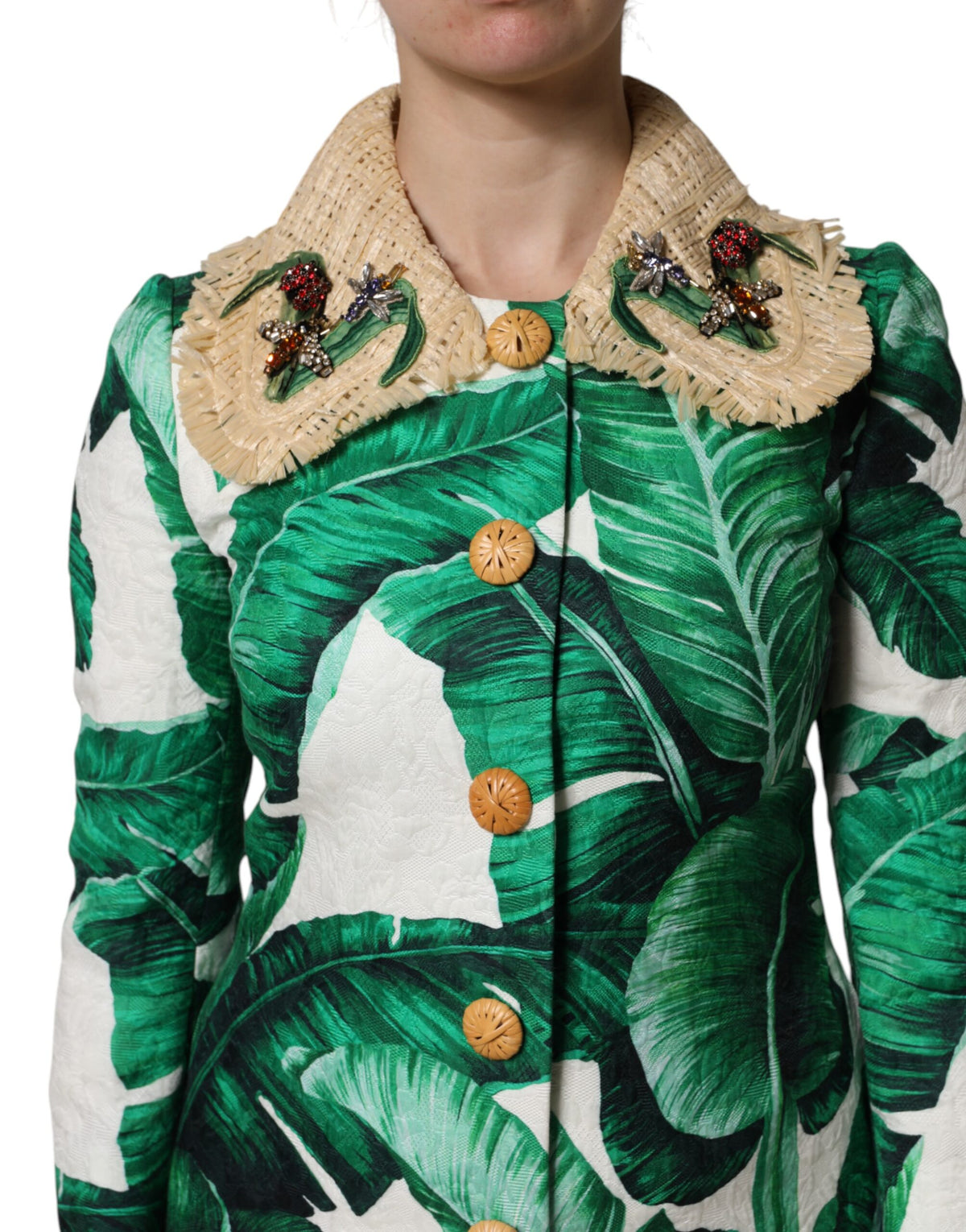 Dolce & Gabbana Multicolor Trench Coat Jacket with Leaf Print and Embellishments