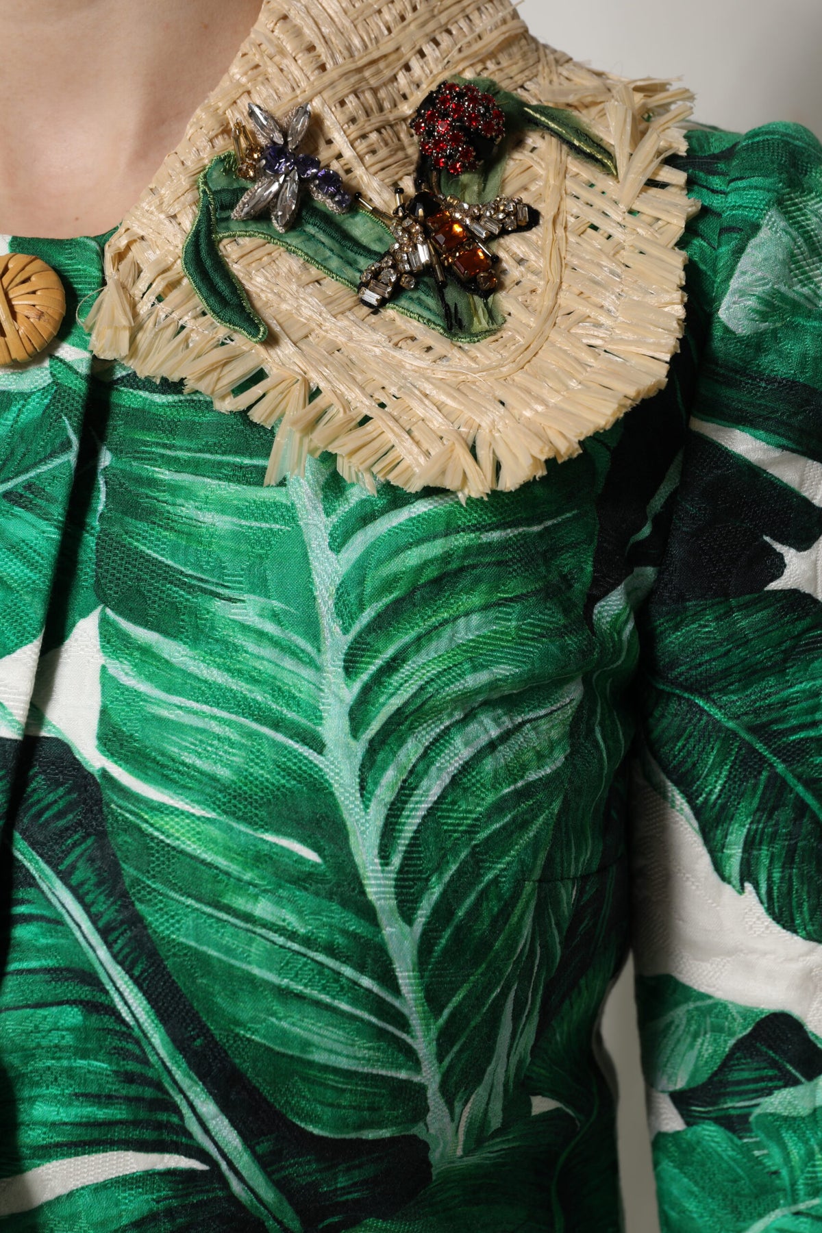 Dolce & Gabbana Multicolor Trench Coat Jacket with Leaf Print and Embellishments