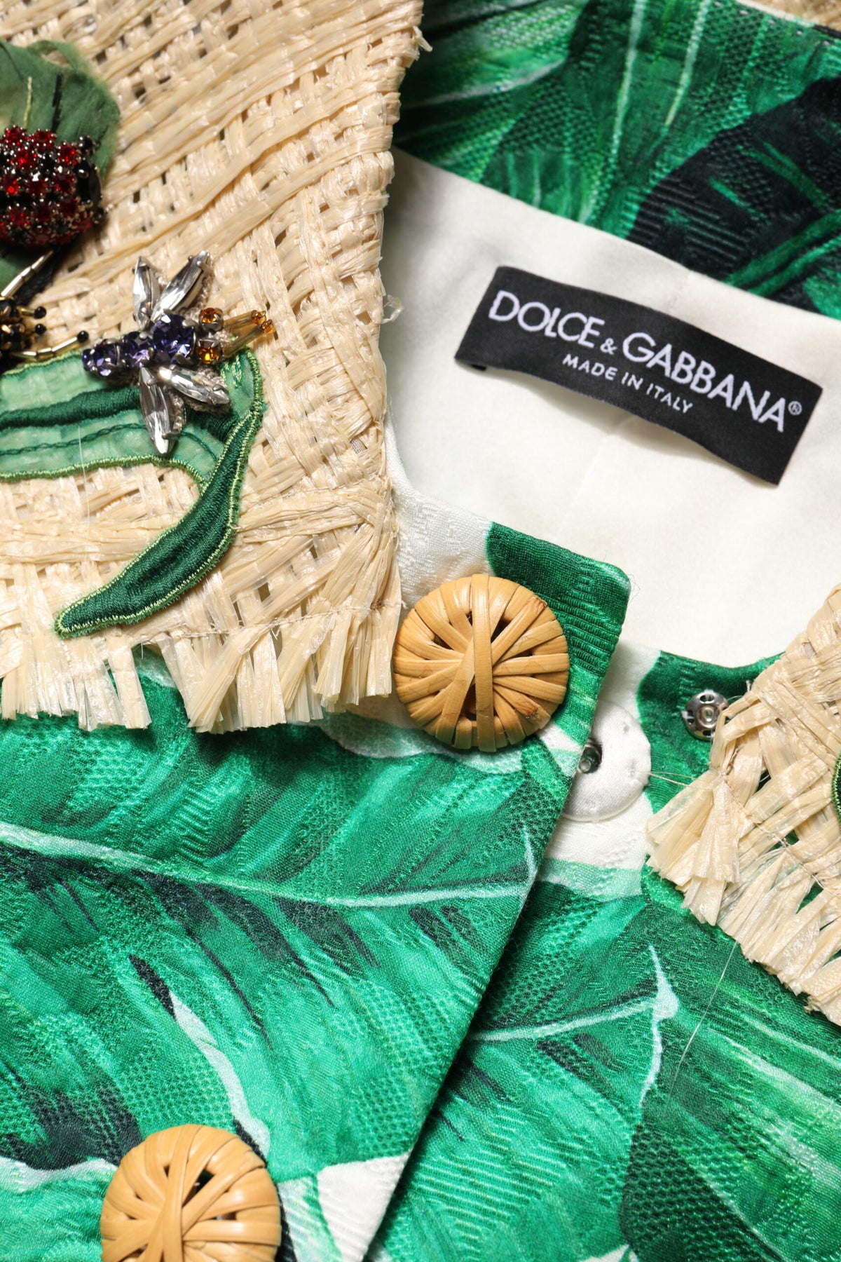 Dolce & Gabbana Multicolor Trench Coat Jacket with Leaf Print and Embellishments