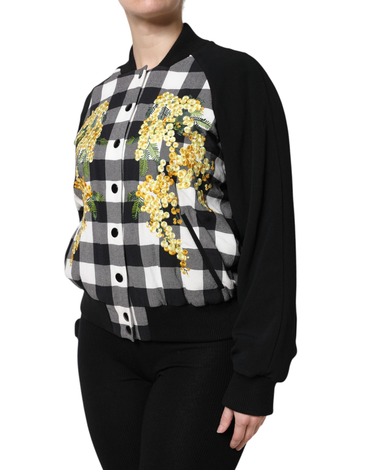 Dolce & Gabbana Black White Plaid Floral Button-Down Jacket