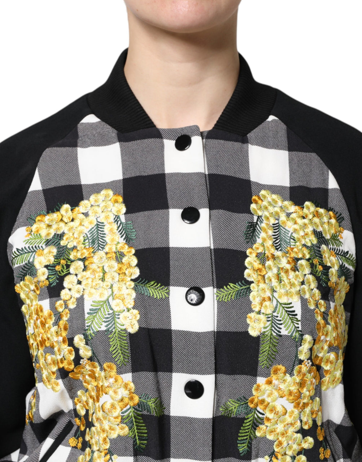 Dolce & Gabbana Black White Plaid Floral Button-Down Jacket