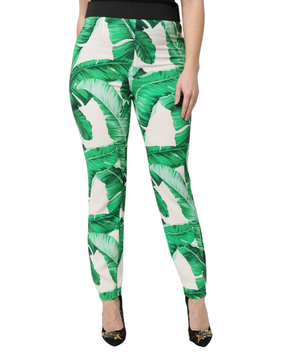 Dolce & Gabbana White Green Leaf High Waist Trousers