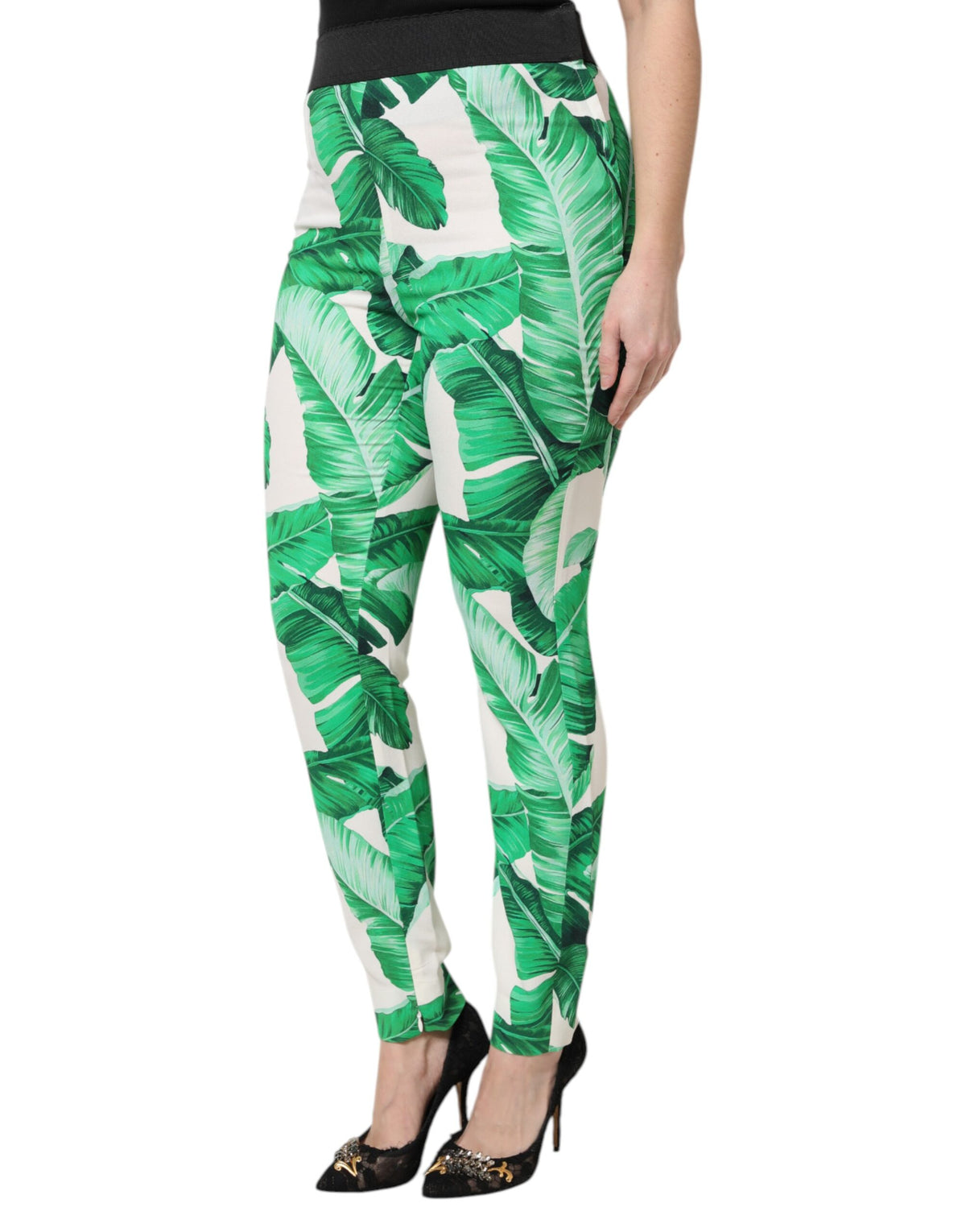 Dolce & Gabbana White Green Leaf High Waist Trousers