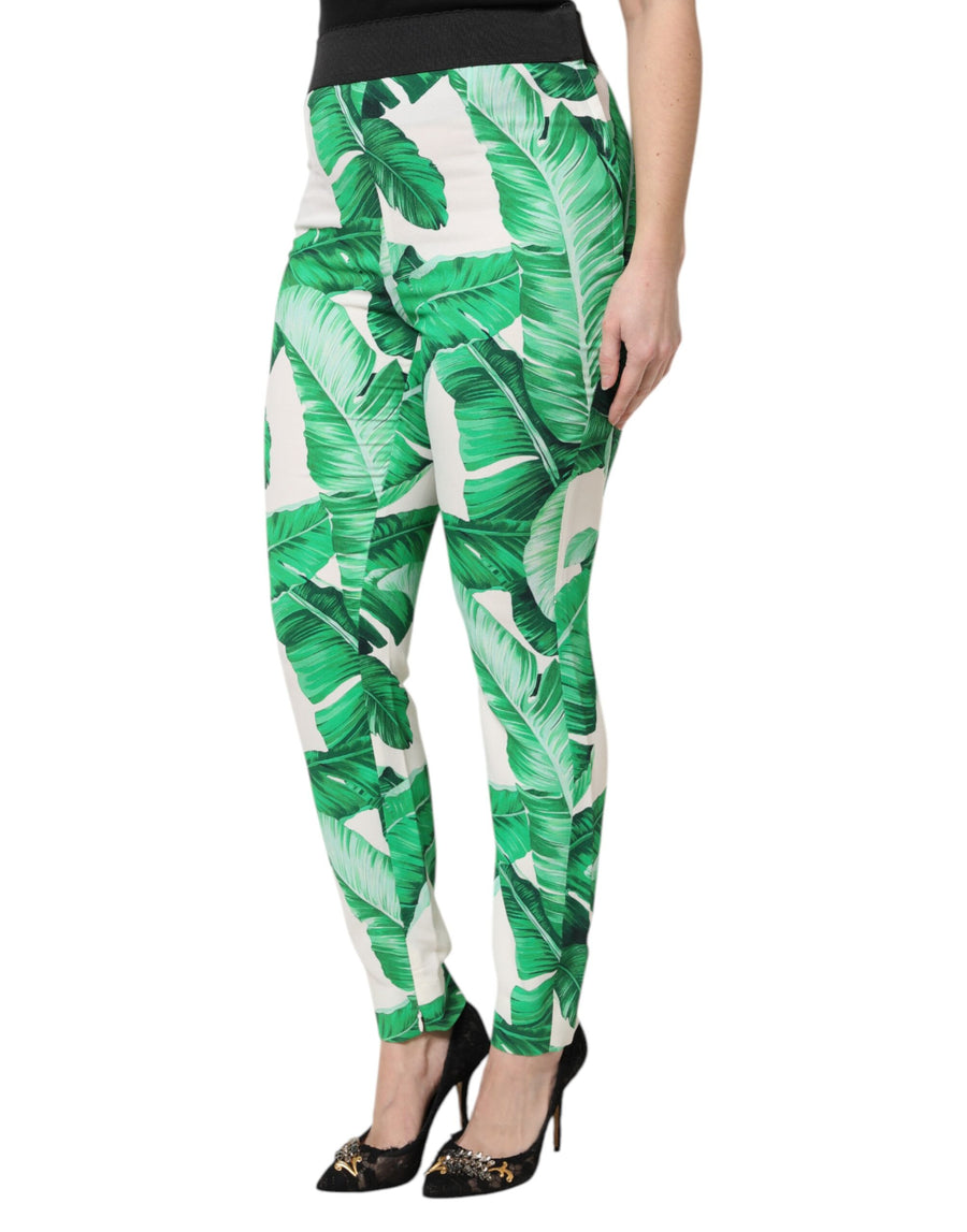 Dolce & Gabbana White Green Leaf High Waist Trousers