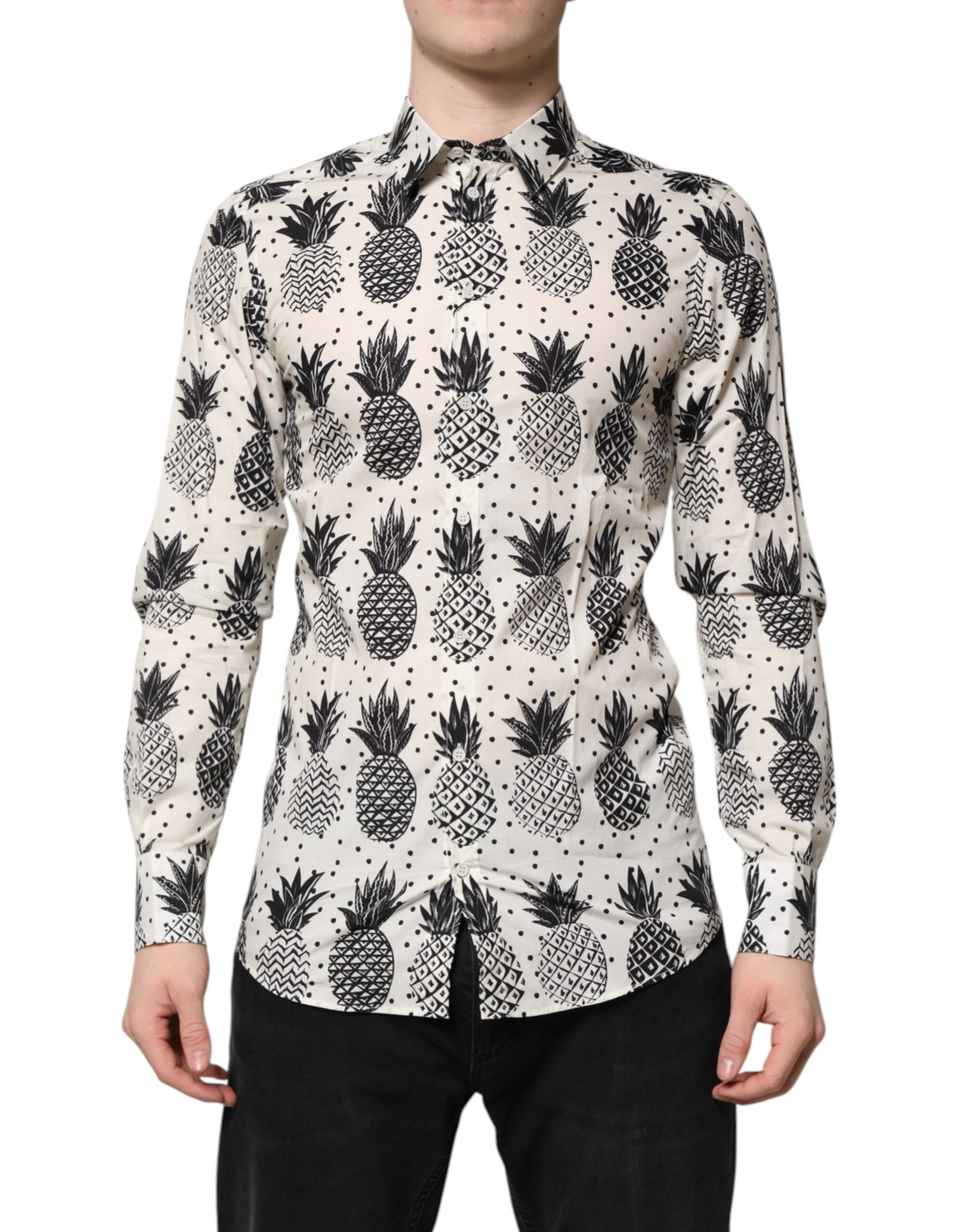 Dolce & Gabbana White Long Sleeved GOLD Shirt with Pineapple Print