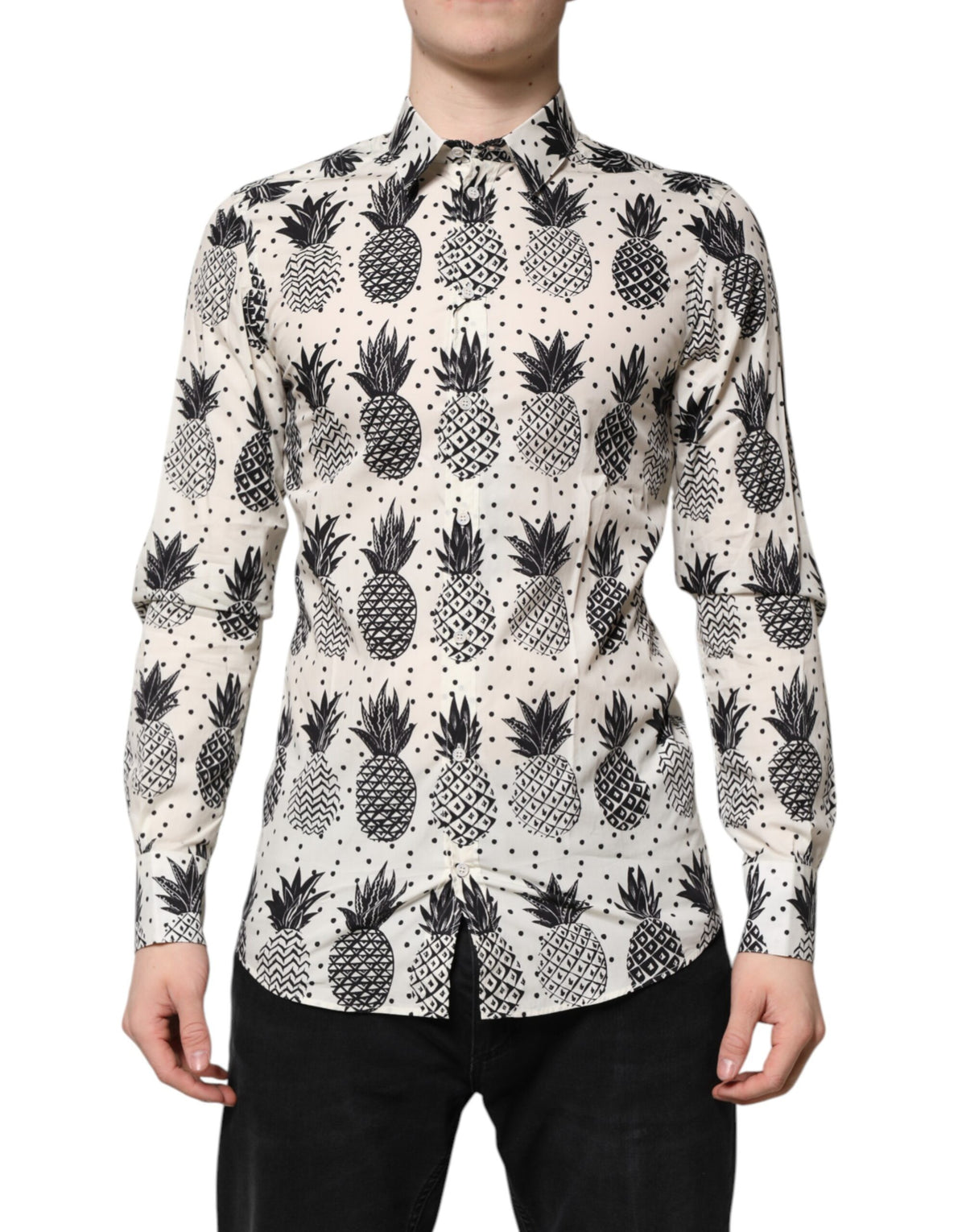 Dolce & Gabbana White Long-sleeved GOLD Pineapple Print Shirt
