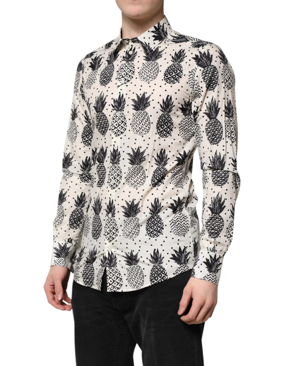 Dolce & Gabbana White Long-sleeved GOLD Pineapple Print Shirt
