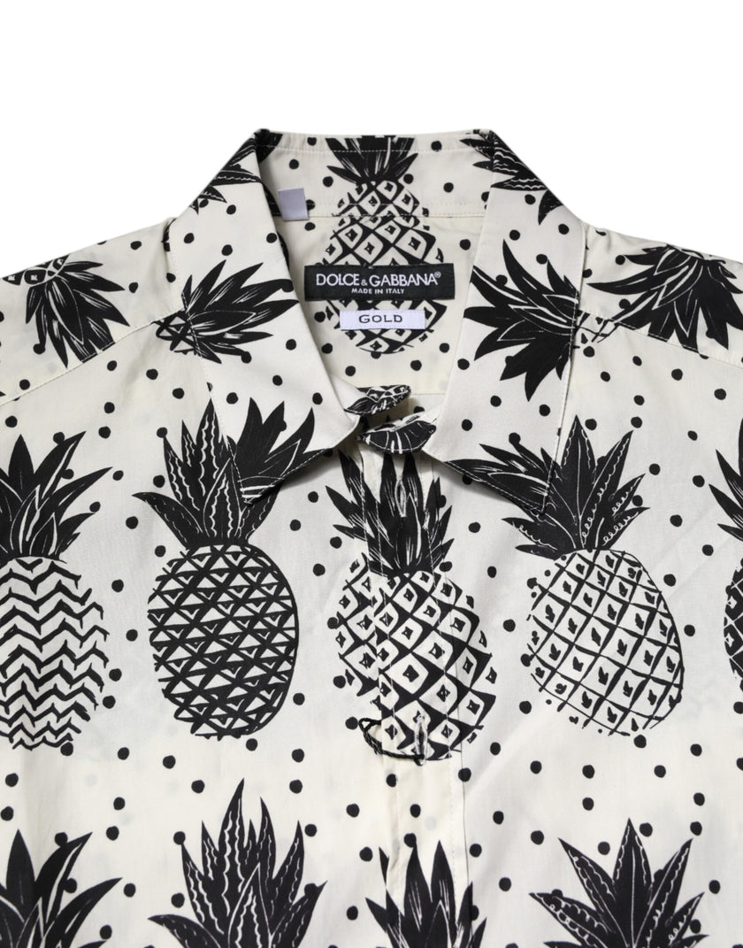 Dolce & Gabbana White Long Sleeved GOLD Shirt with Pineapple Print