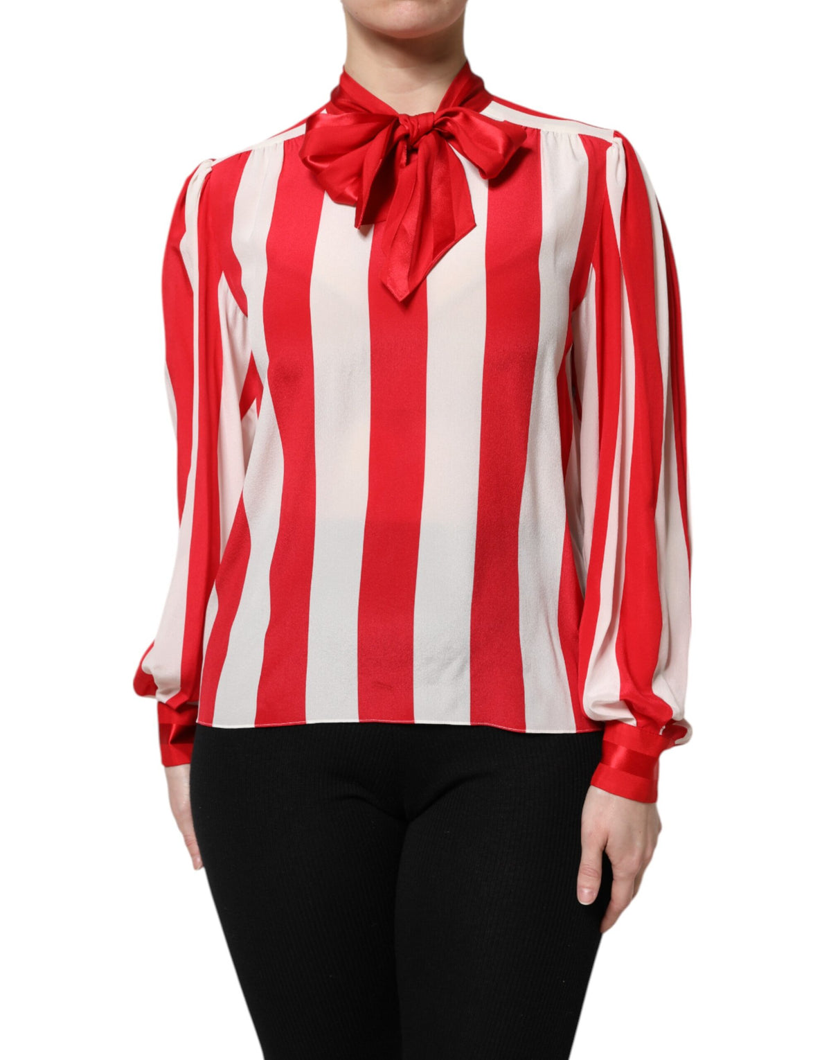 Dolce & Gabbana Red White Stripe Ascot Collar Blouse Top