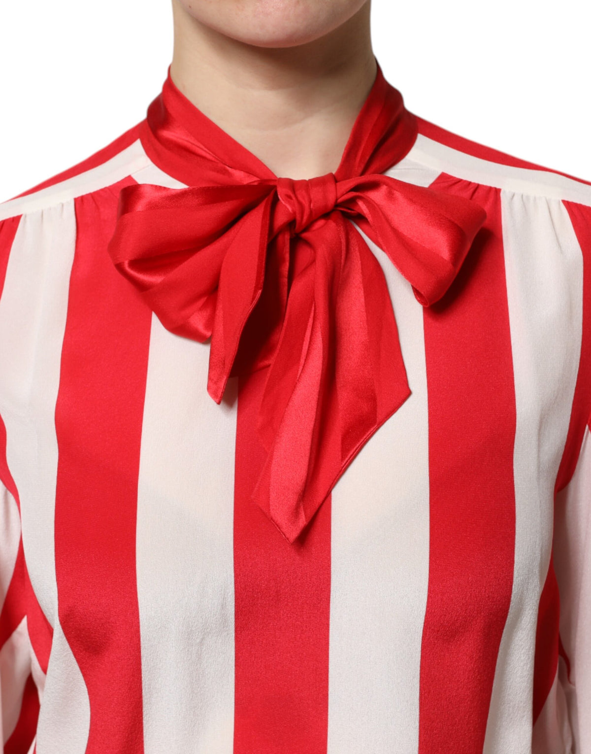 Dolce & Gabbana Red White Stripe Ascot Collar Blouse Top