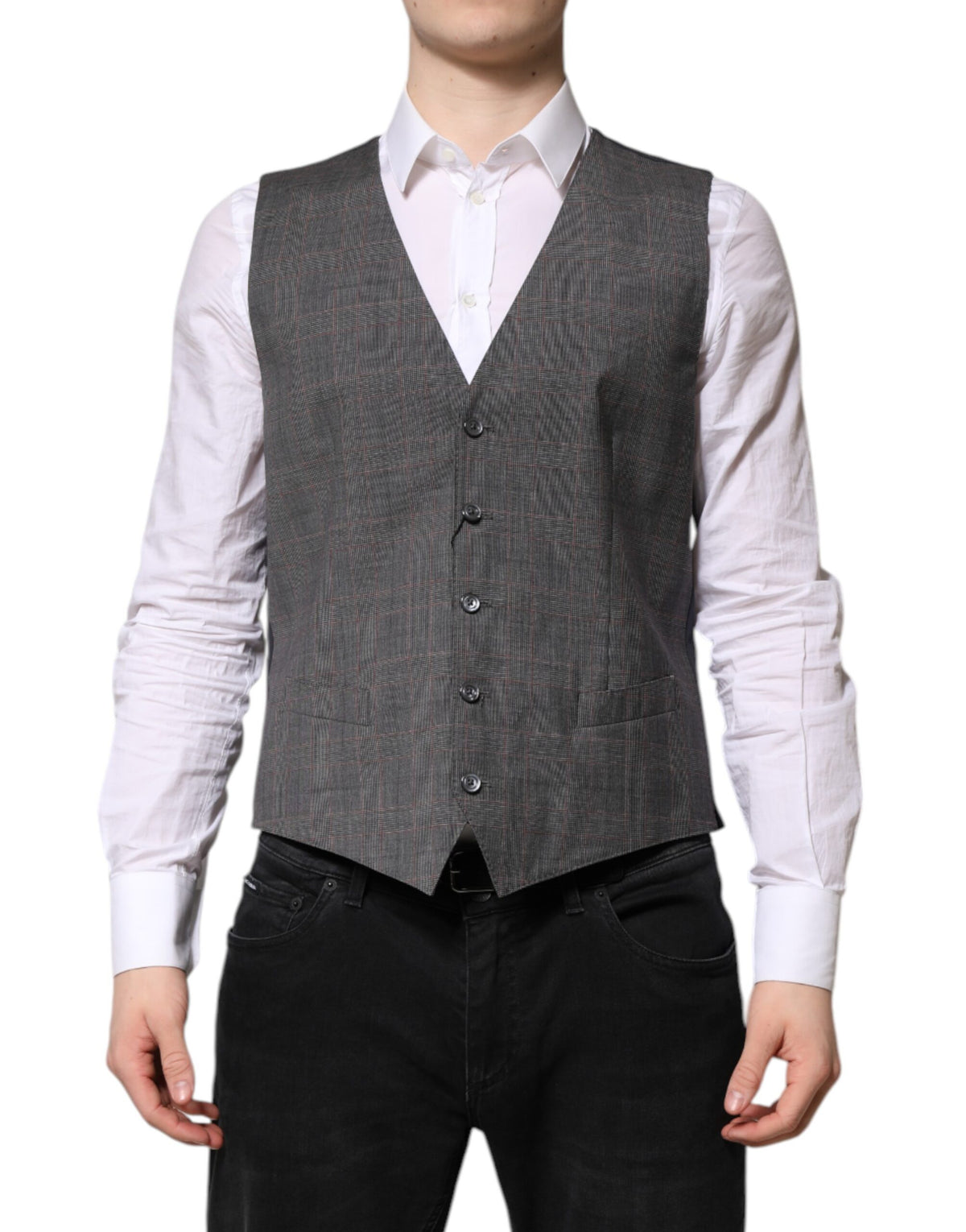 Dolce & Gabbana Grey Checked Wool Formal Waistcoat Vest
