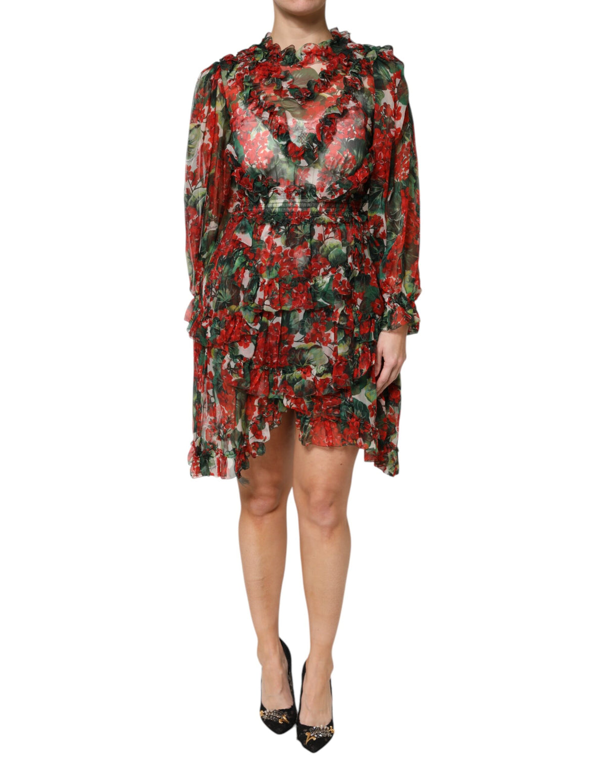 Dolce & Gabbana Multicolor Ruched Long Sleeve Floral Dress