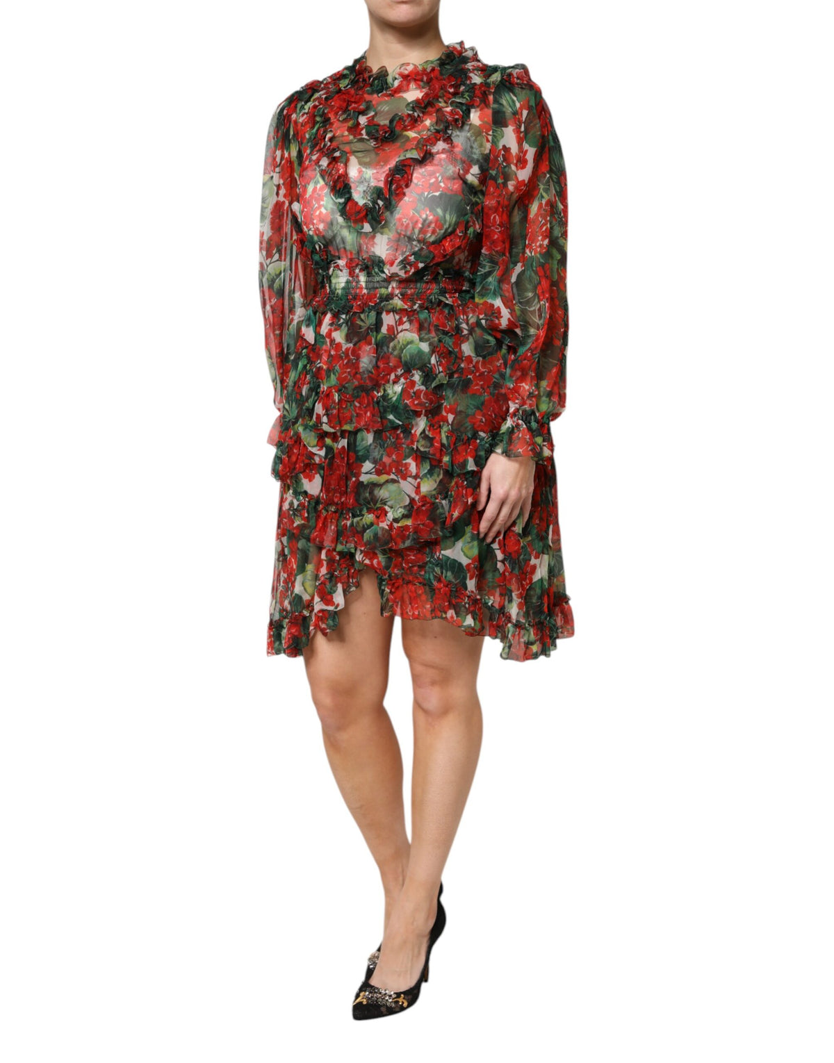 Dolce & Gabbana Multicolor Ruched Long Sleeve Floral Dress