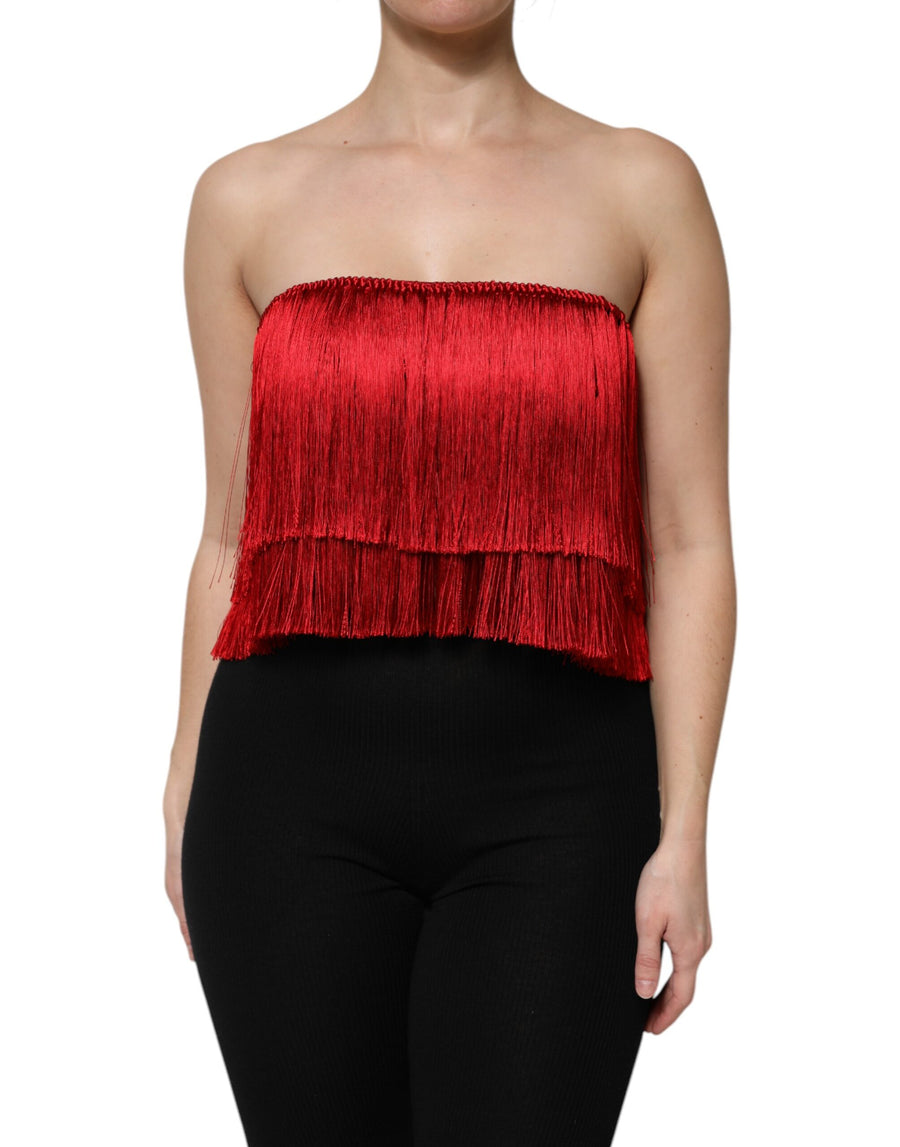 Dolce & Gabbana Red Silk Strapless Fringe Crop Top