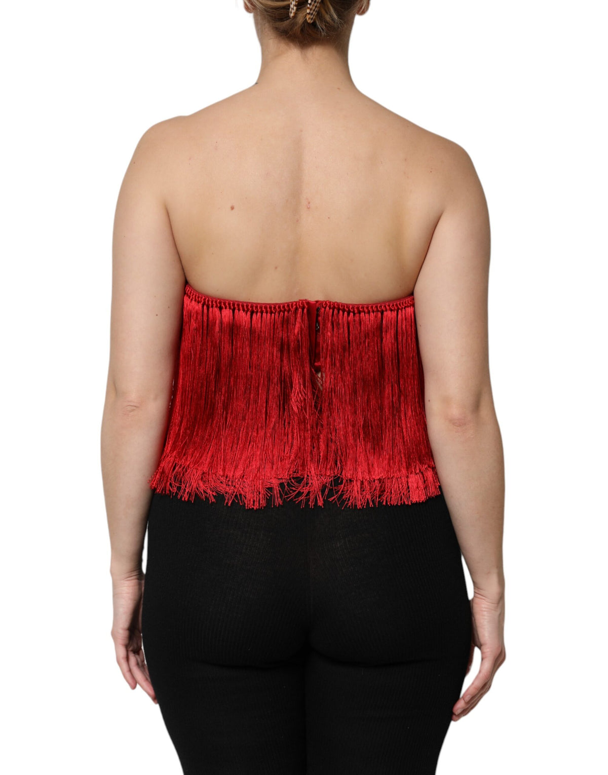 Dolce & Gabbana Red Silk Strapless Fringe Crop Top